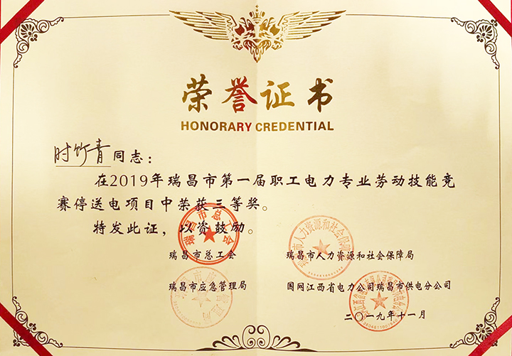 電力專業勞動技能競賽“個人三等獎”(江西亞東) 電力專業勞動技能競賽“個人三等獎”(江西亞東)
